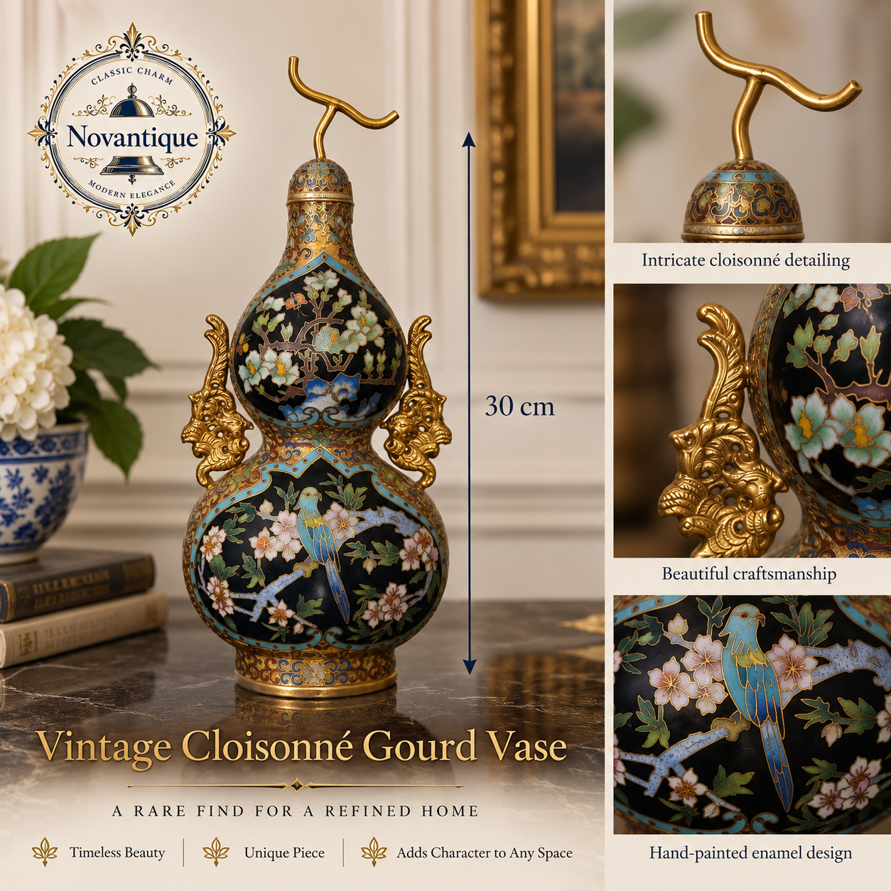Vintage Chinese Cloisonné & Champlevé Enamel Double Gourd Covered Vase with Gilt Dragon Handles