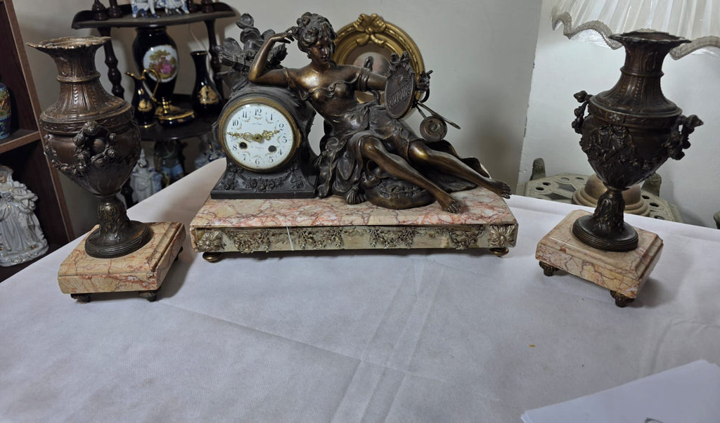 French Semi-Bronze Clock Garniture with Marble Base