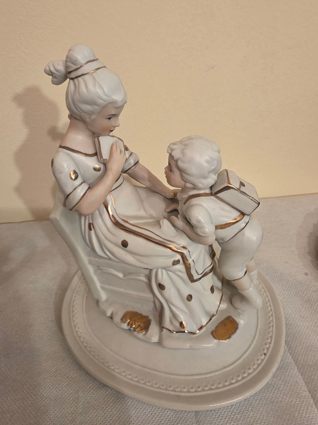 Neoclassical White & Gold Porcelain Mother & Child Statue, Boy with School Bag
