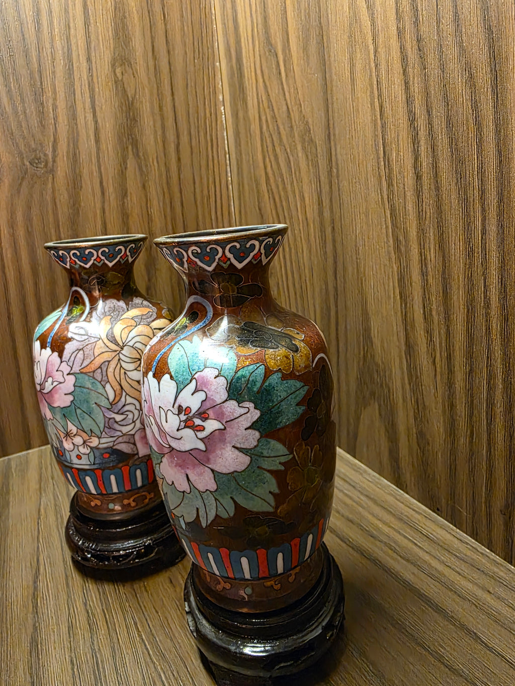 Brown Floral Cloisonné Vase Pair