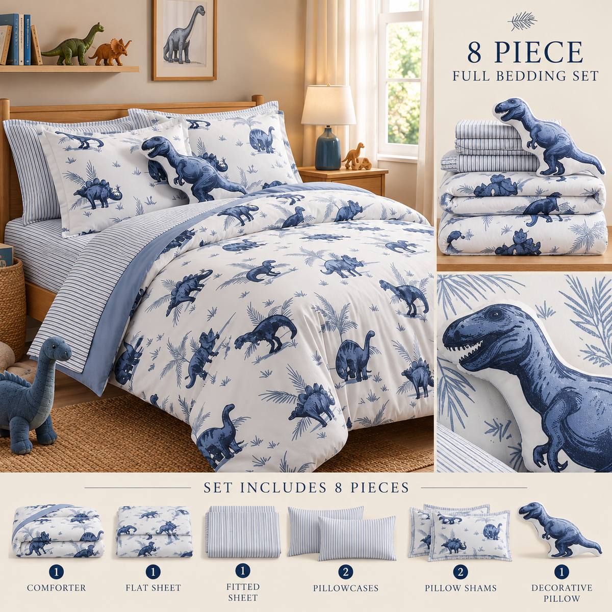 Imported High quality: Dino Dreams – 8-Piece Kids’ Bedding Set