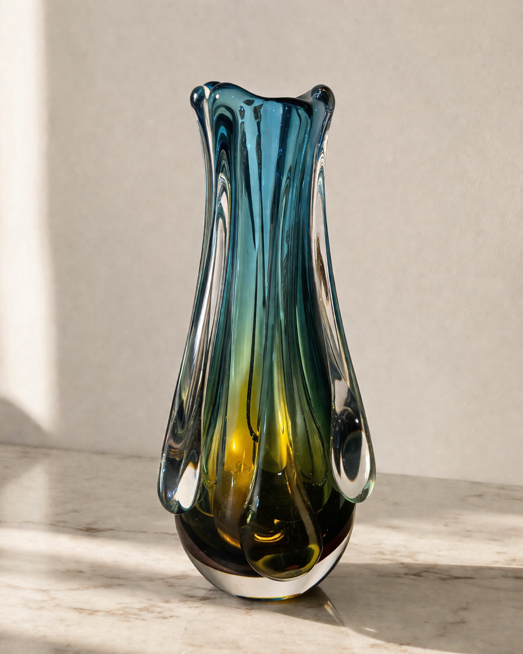 Sculptural Teal & Amber Art Glass Vase with Cascading Drops