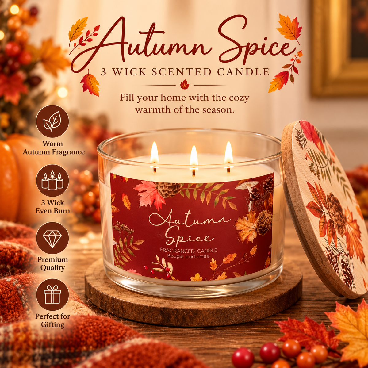 Autumn Spice 3-Wick Fragranced Candle with Decorative Wooden Lid