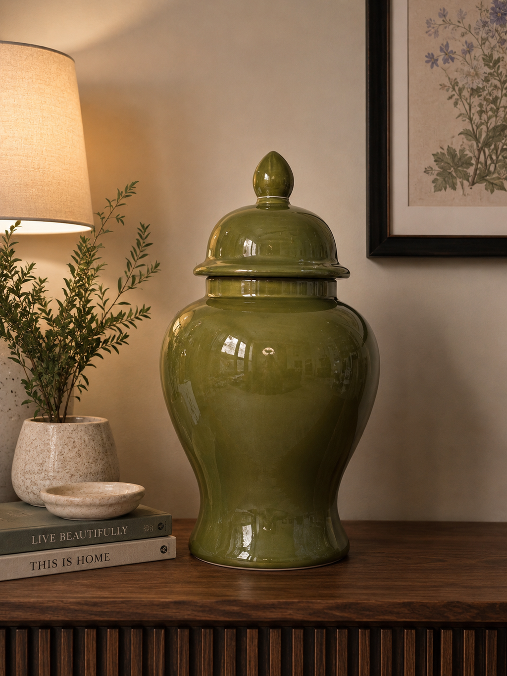 Olive Green Ceramic Ginger Jar
