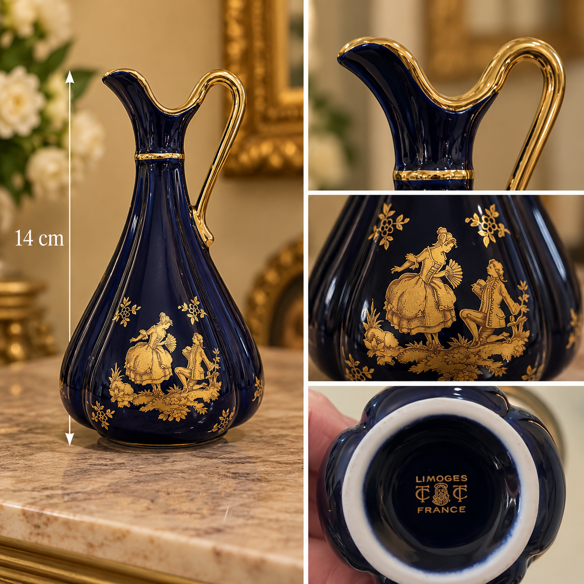 Vintage Limoges France Cobalt Blue & Gold Ewer Pitcher – Fragonard Scene, 14 cm
