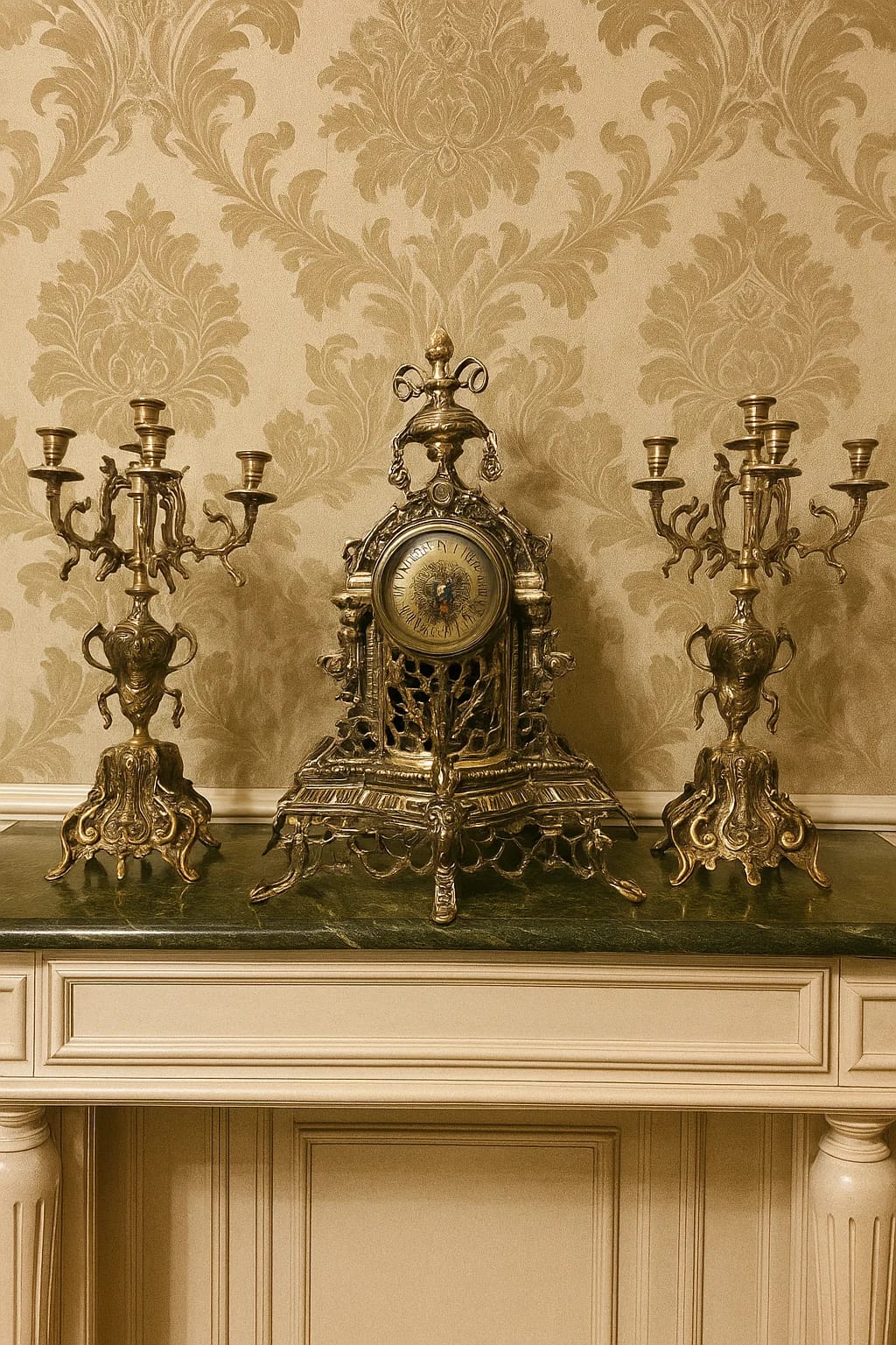 Ornate Copper Clock & Candelabra Garniture — 3-Piece Set