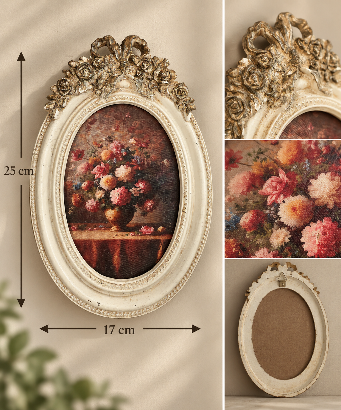 Vintage Floral Bouquet Wall Art – Ornate Oval Rose Frame