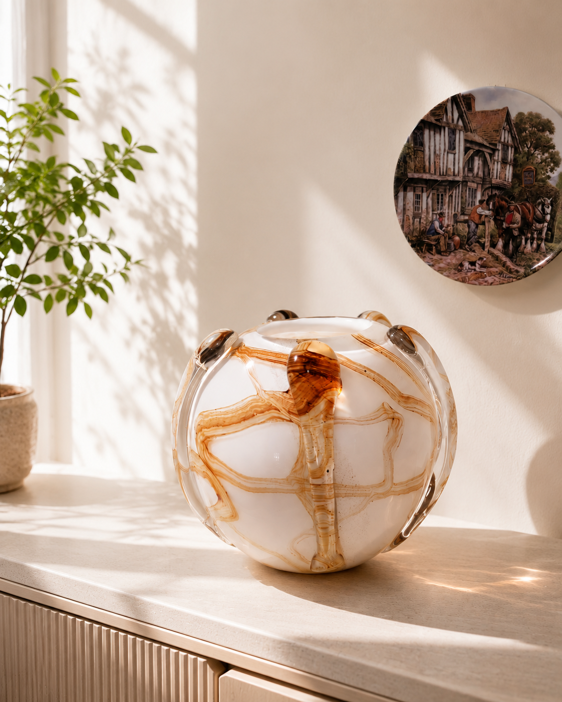 Murano White & Amber Glass Centerpiece Bowl