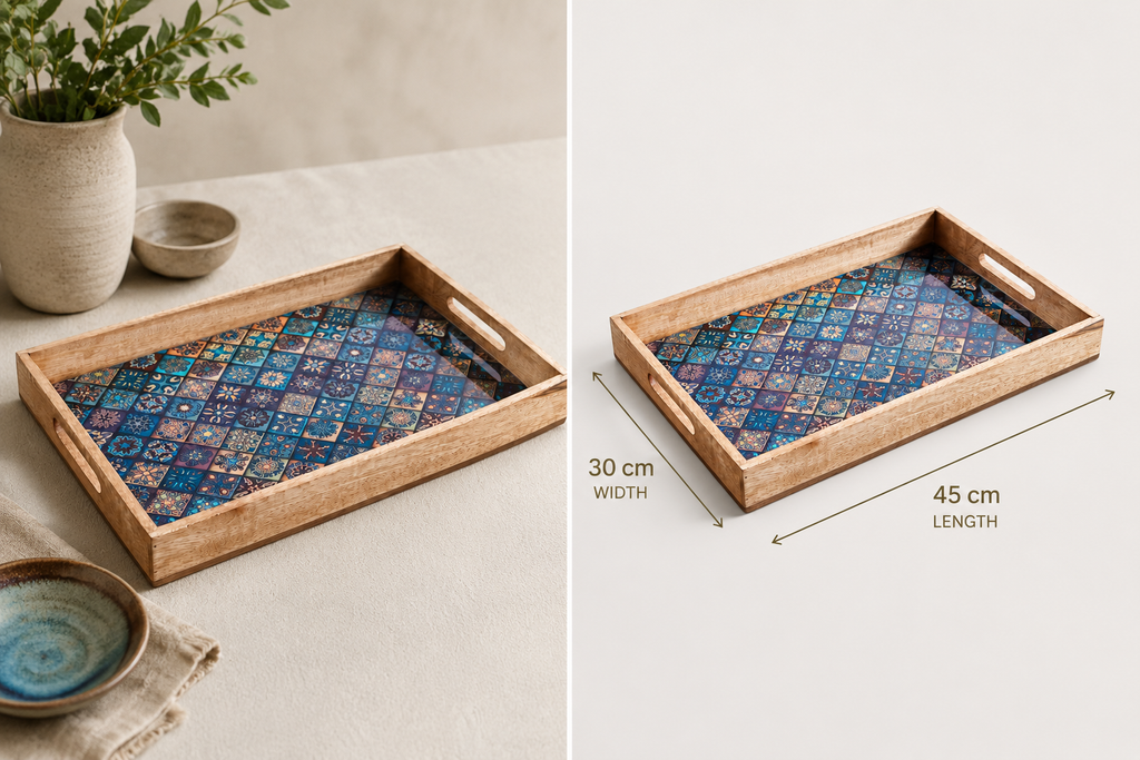 Mosaic-Inspired Wooden Serving Tray – 45 × 30 cm