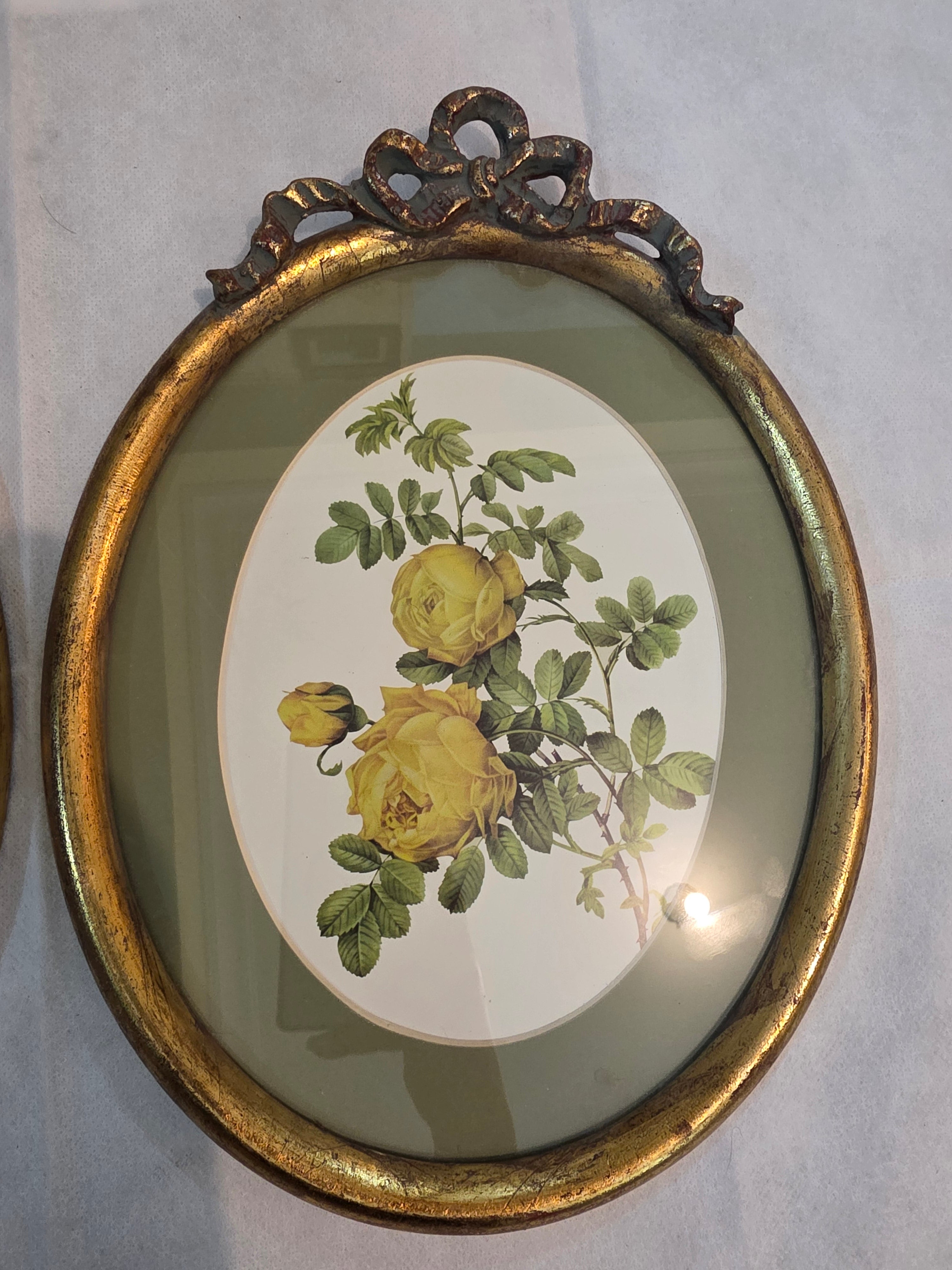 Vintage Botanical Rose Wall Art Pair in Olive Green & Antique Gold Frames