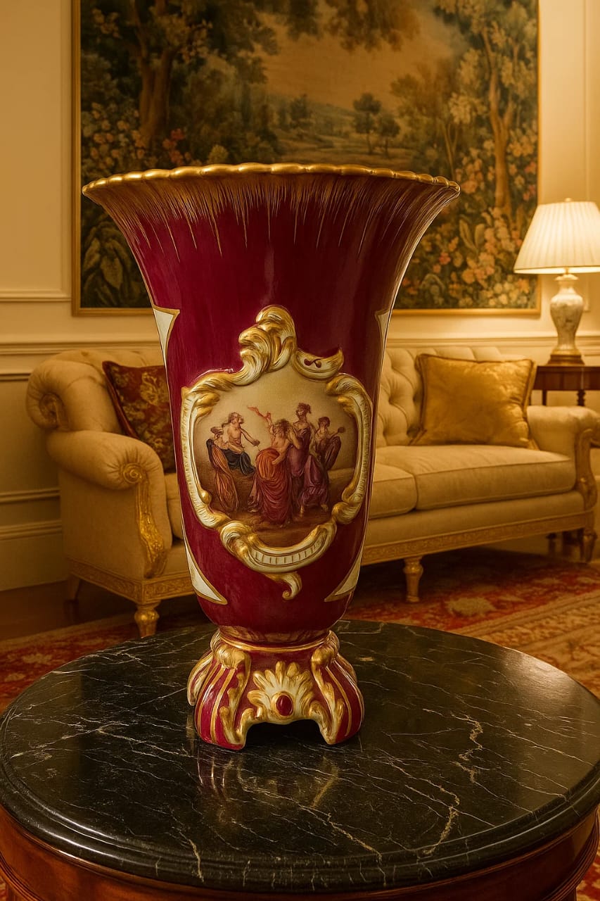 Old Limoges porcelain vase with burgundy glaze and hand-painted medallion. An exq...