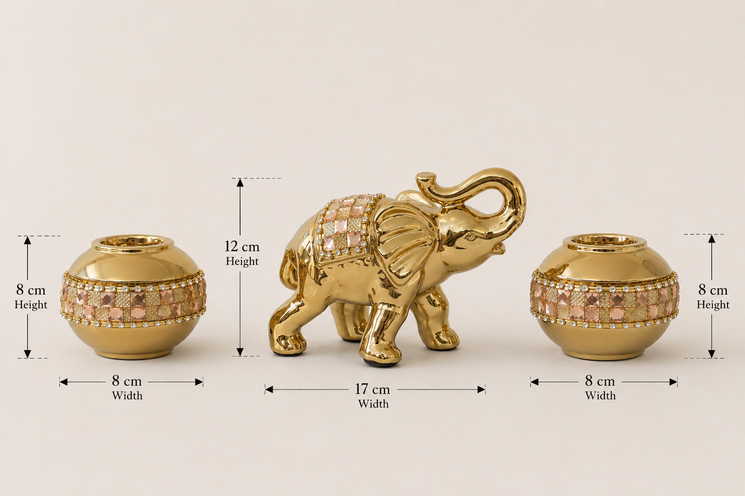 Golden Elephant & Jeweled Candle Holder Décor Set – 3 Pieces