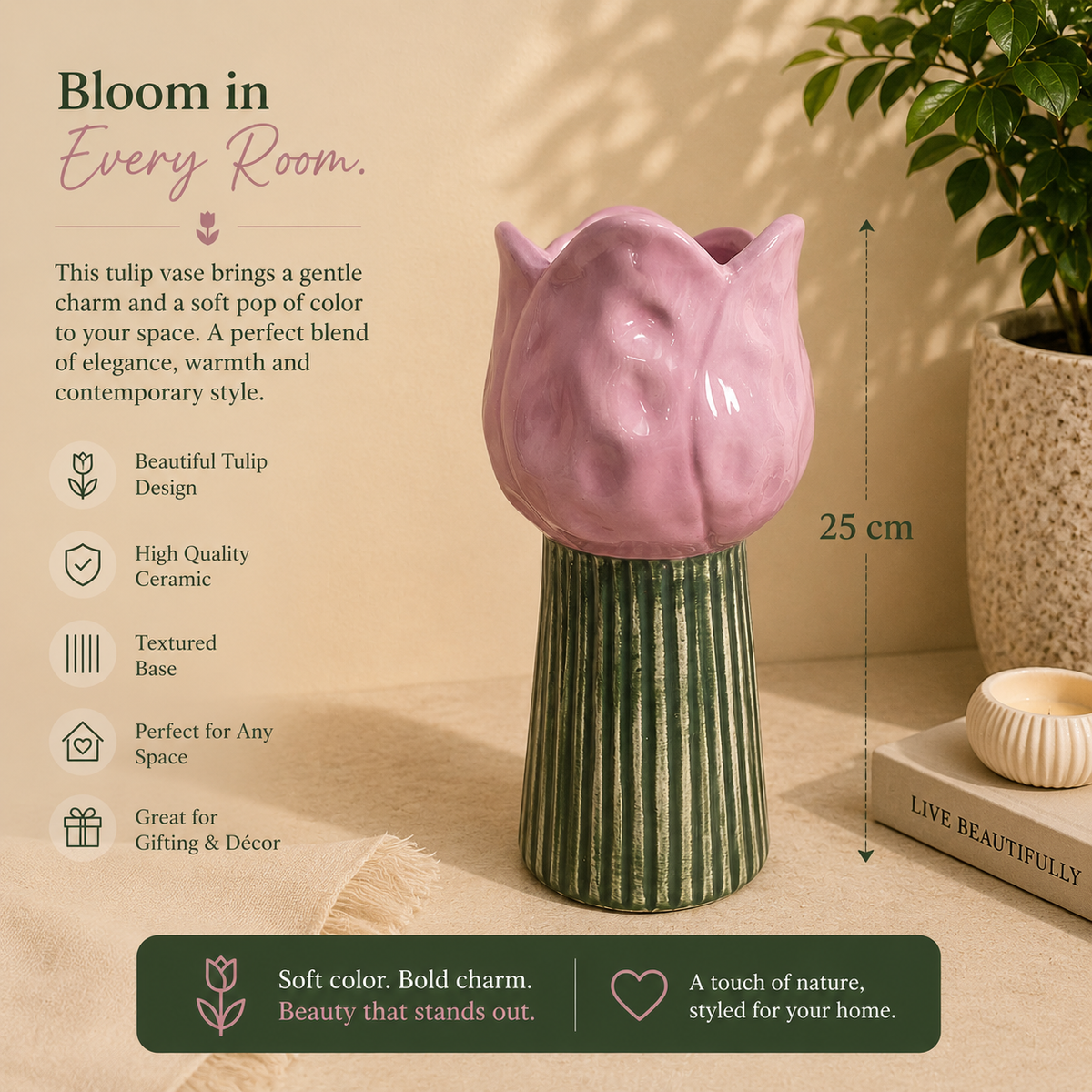 Blush Tulip Ceramic Statement Vase – 25 cm