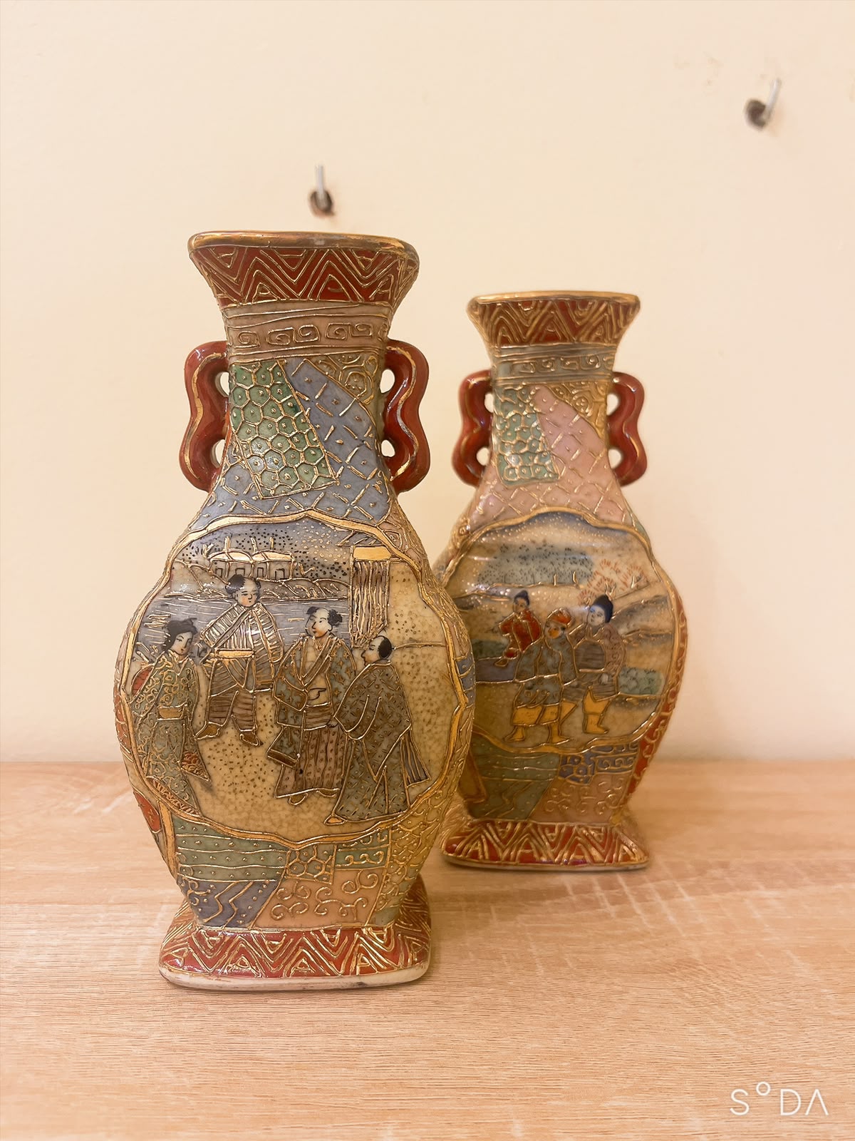 Pair of Vintage Chinese Satsuma Style Vases Figural Scene Crackle Glaze