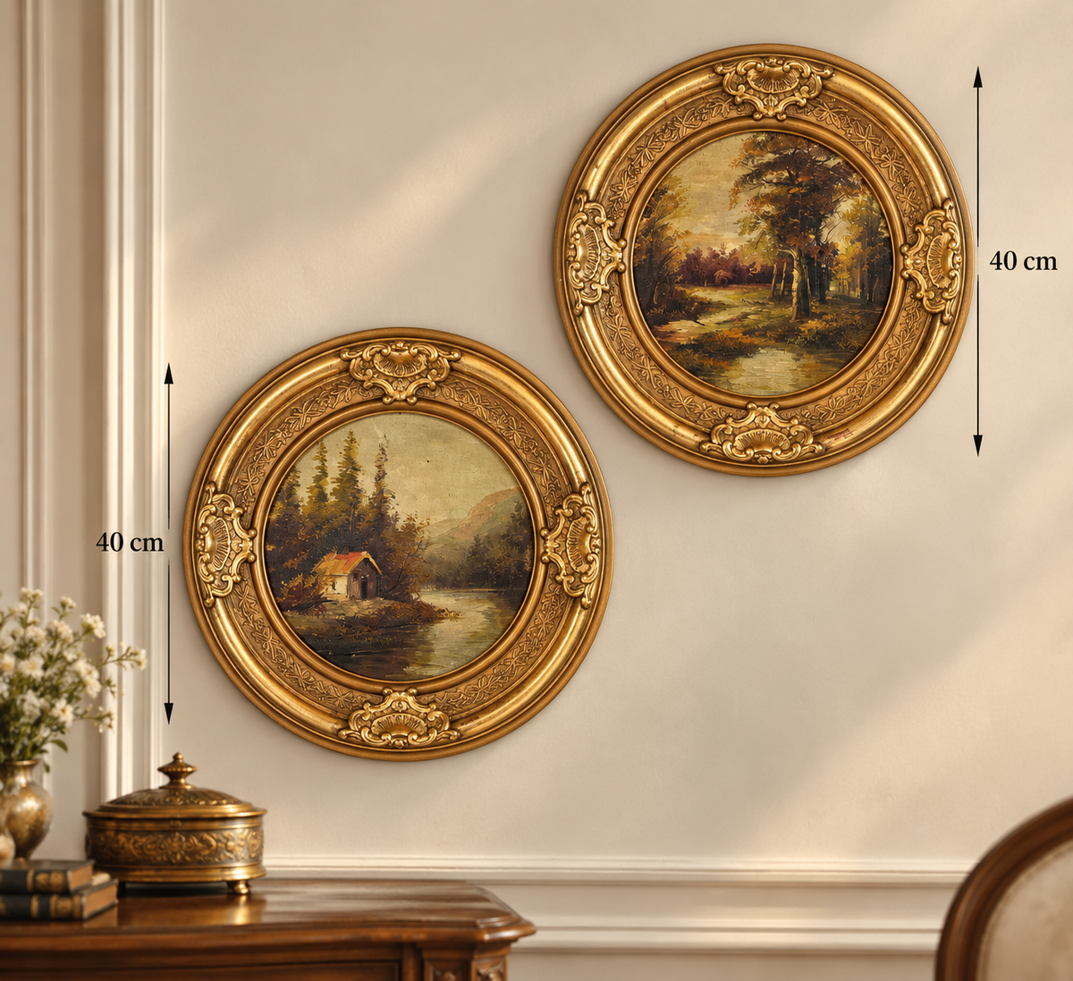 Vintage Landscape Oil Paintings in Ornate Golden Wooden Frames