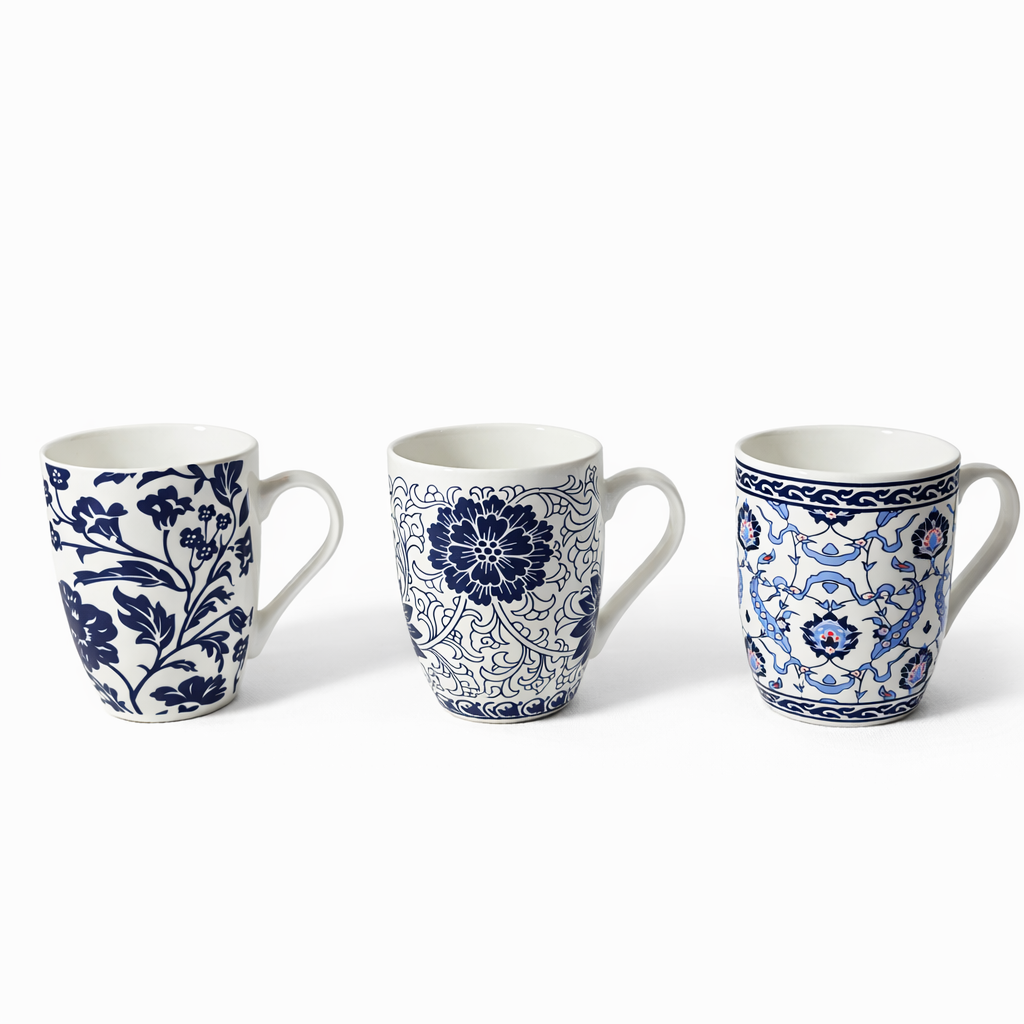 Blue & White Patterned Porcelain Mugs - set of 3
