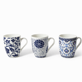 Blue & White Patterned Porcelain Mugs - set of 3