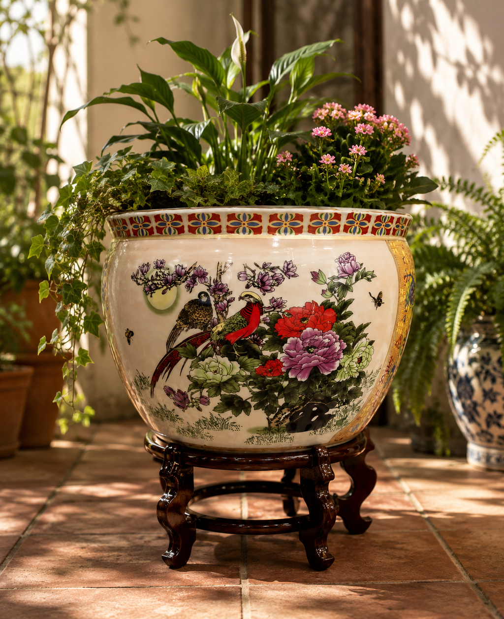 Porcelain Fishbowl Planter with Carved Wood Stand