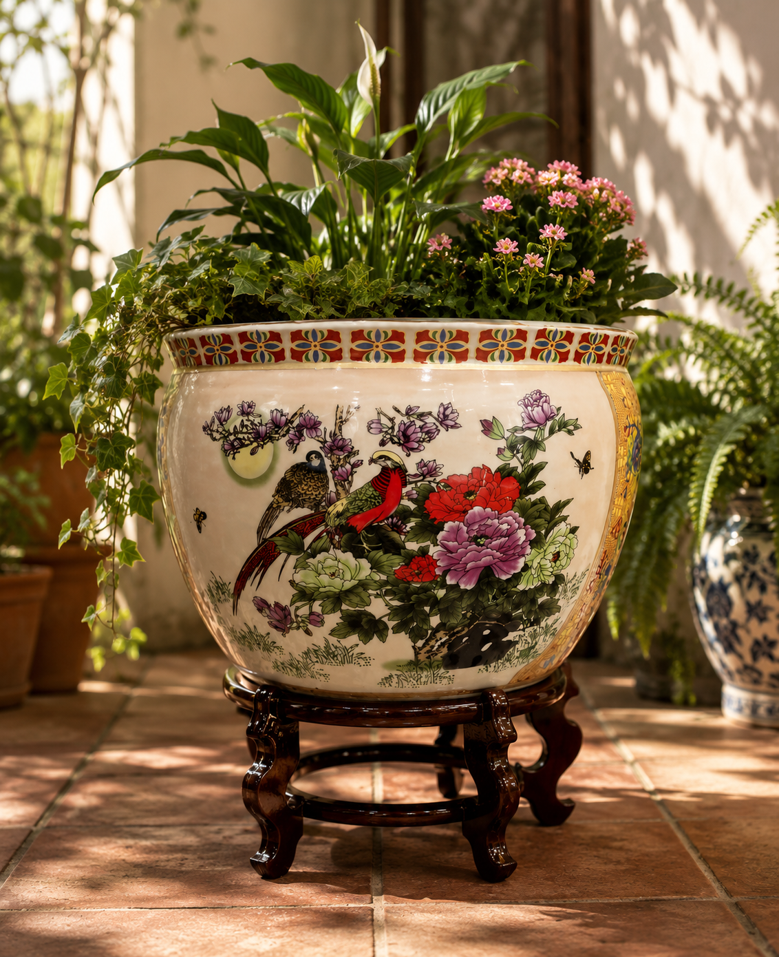 Porcelain Fishbowl Planter with Carved Wood Stand