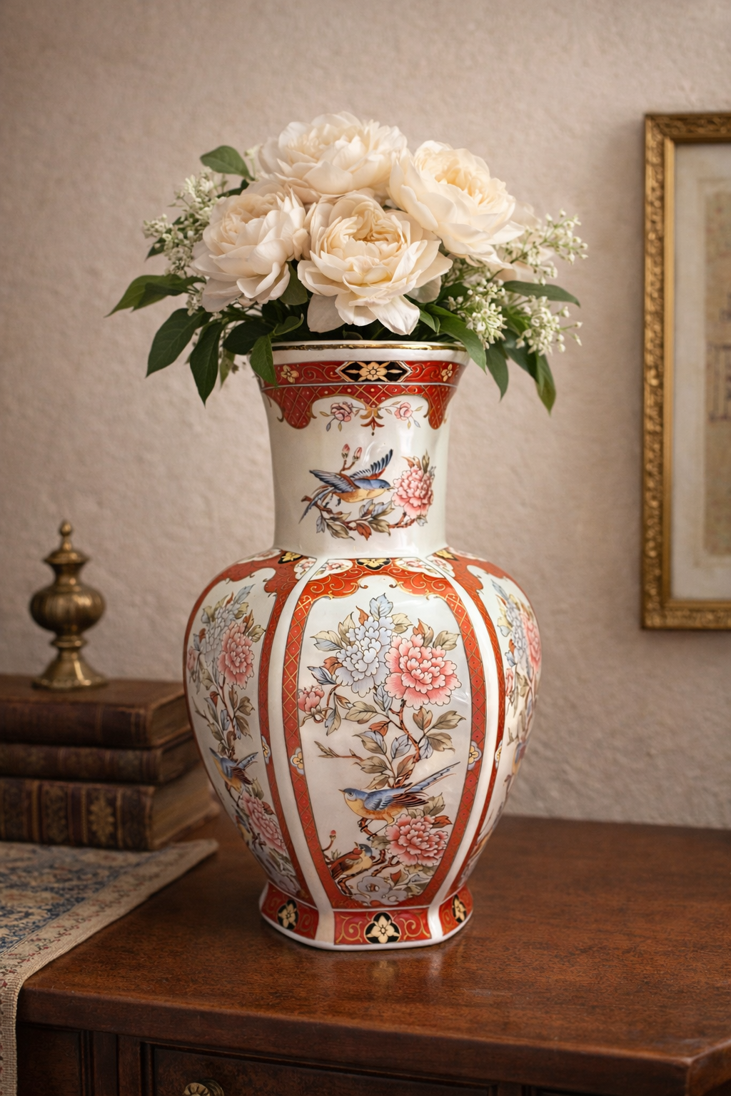 Hand-Painted Japanese Vase: Red-Gold Florals on Ceramic