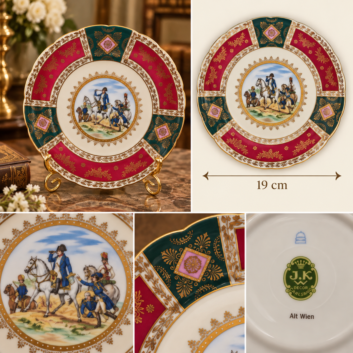 Vintage Josef Kuba "Alt Wien" Napoleon & Officers Gilded Porcelain Cabinet Plate