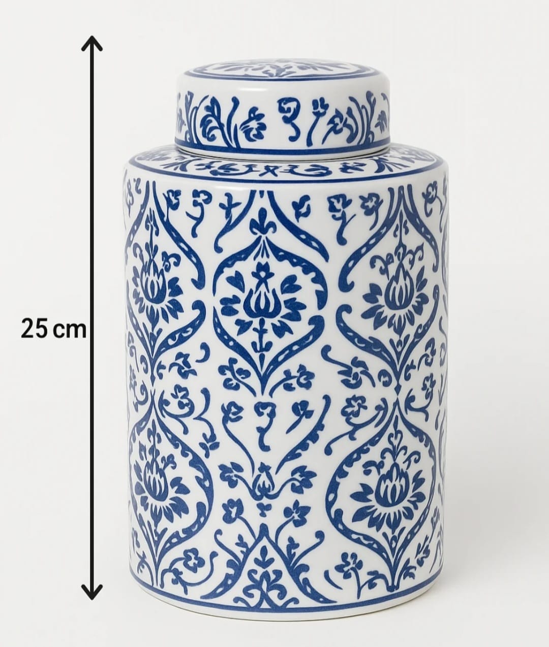 Blue blanc Floral Ceramic
Jar with Lid – Chinese-Style
Porcelain Canister (25 cm)
