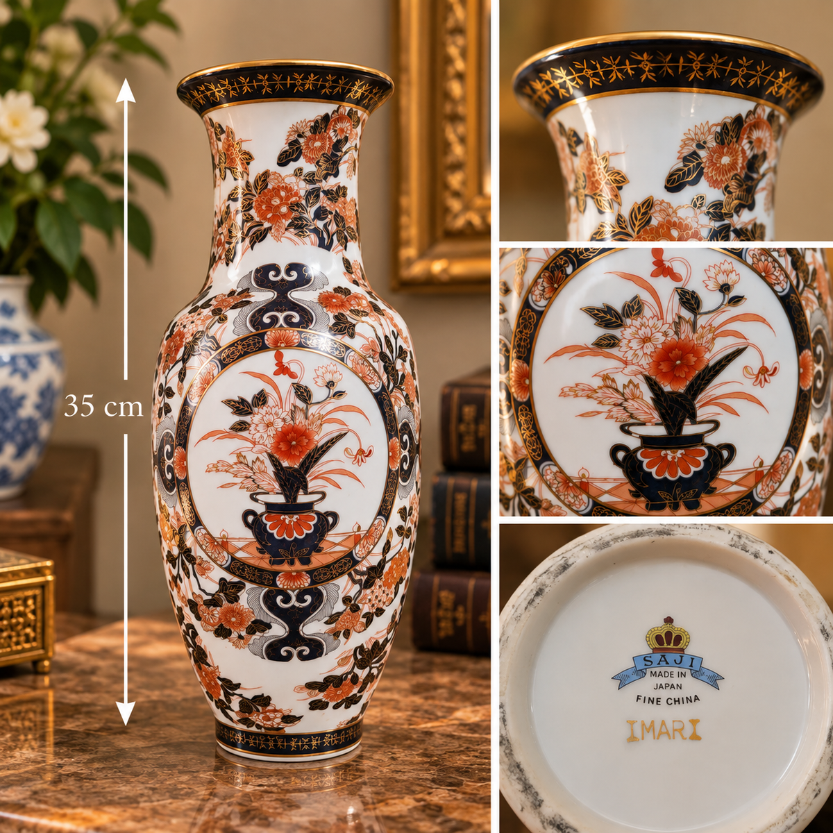 Vintage Saji Japanese Imari Porcelain Vase – Gilded Floral Urn Motif