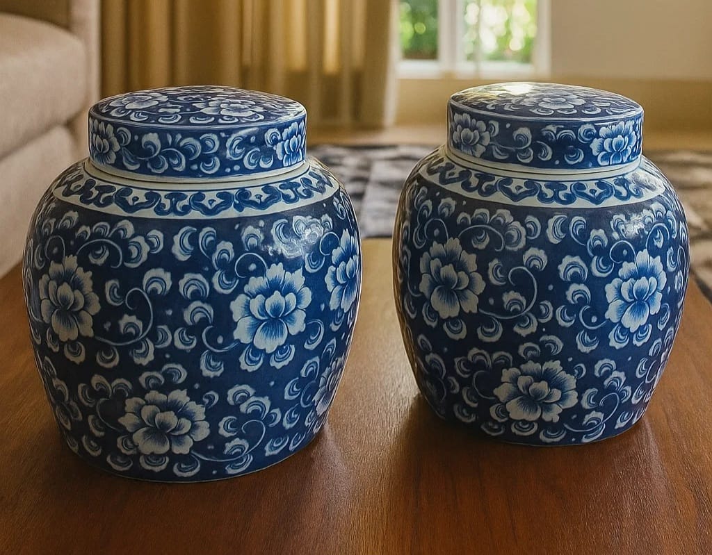 Charming set of two
blue-and-white ceramic jars
with lids featuring intricate flora...