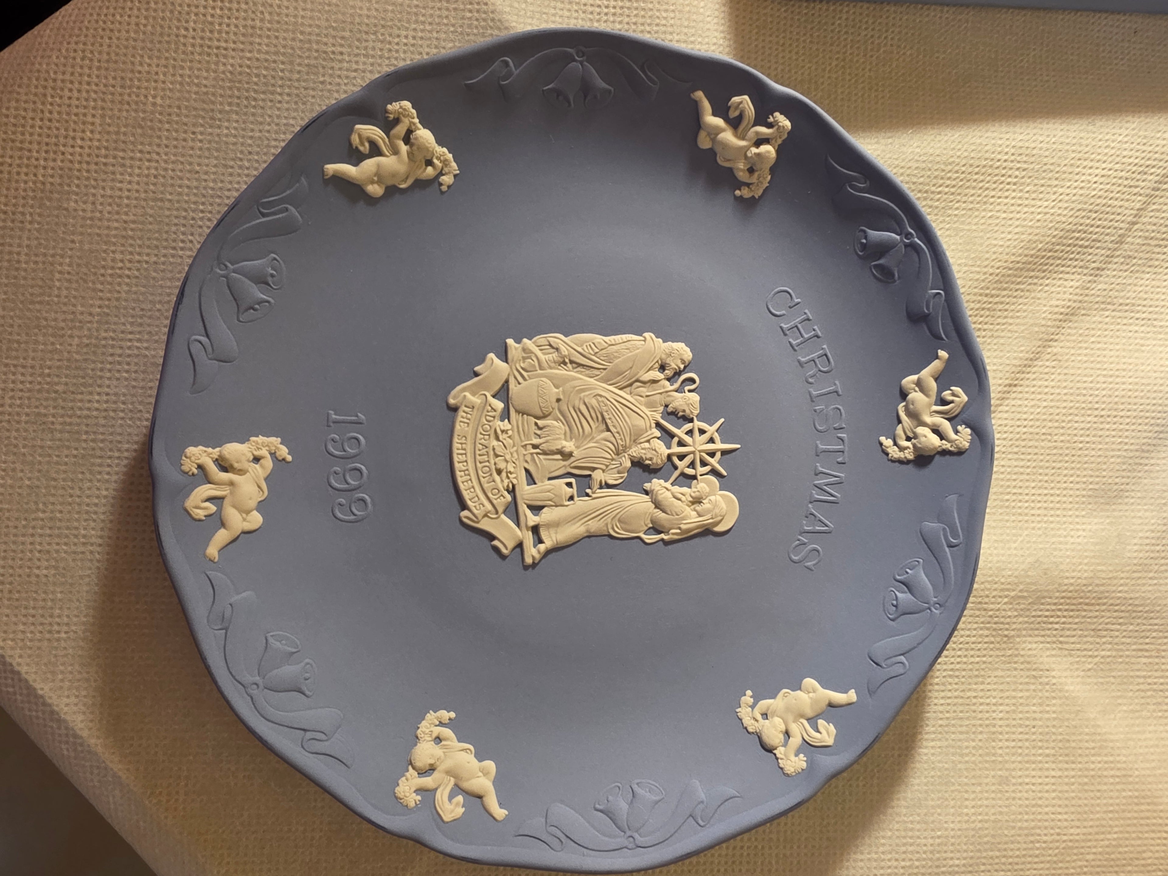 Vintage Wedgwood Pale Blue Jasperware 1999 Christmas Plate – "Adoration of the Shepherds" Collector Plate