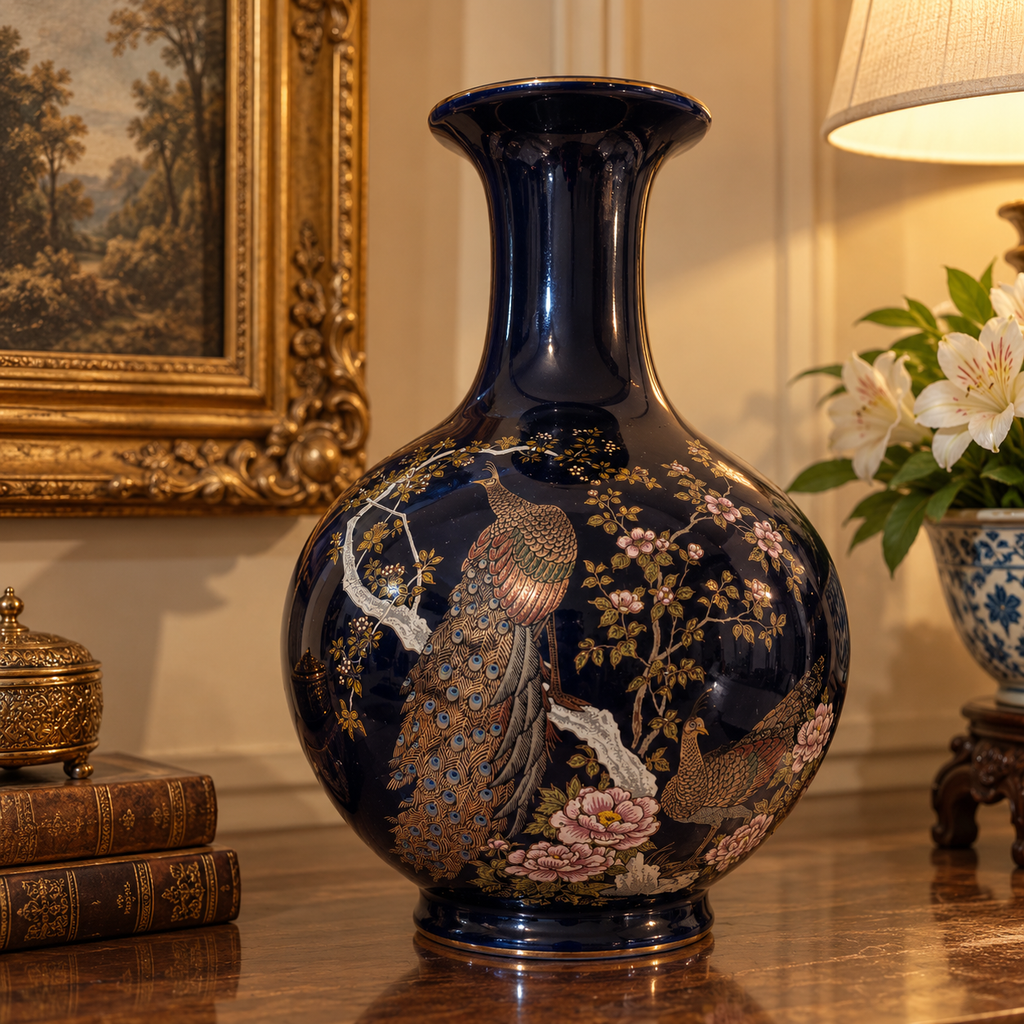 Mid-Century Vintage Japanese Cobalt Porcelain Vase – Gilded Peacock & Peony 10"