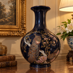 Mid-Century Vintage Japanese Cobalt Porcelain Vase – Gilded Peacock & Peony 10"