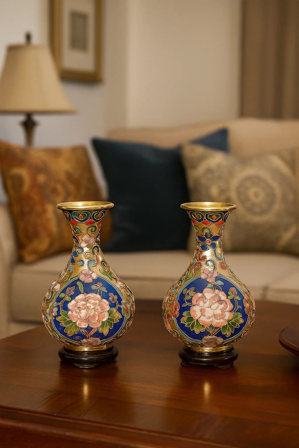 Charming cloisonné vases with cobalt blue ground and hand-painted floral motifs.
