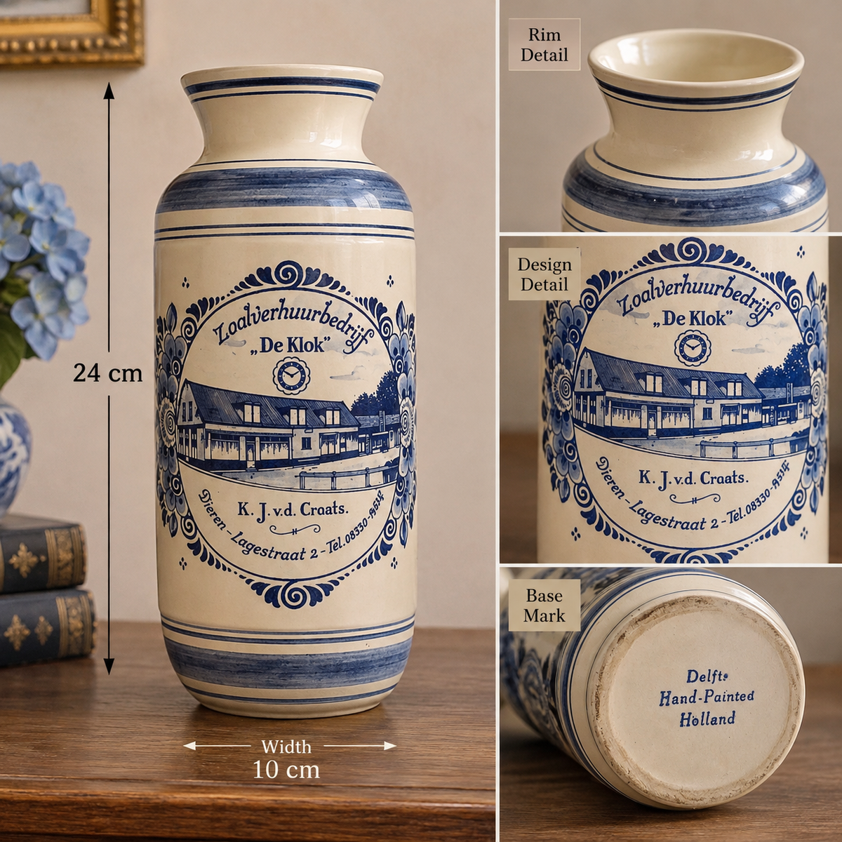 Vintage Hand-Painted Delft Blue "De Klok" Dutch Vase