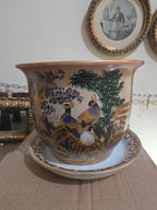 Vintage Satsuma Bird & Floral Porcelain Planter with Saucer