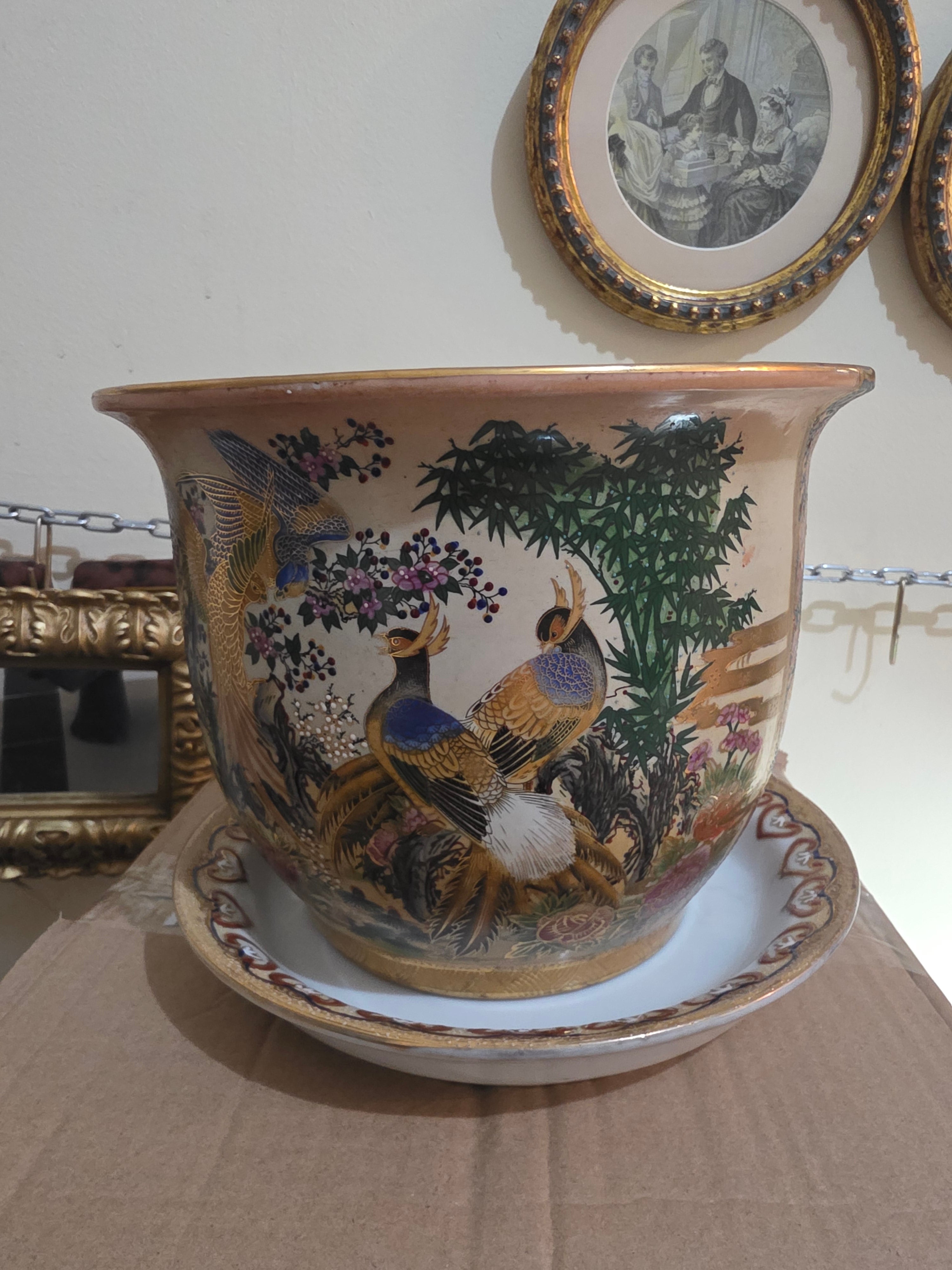 Vintage Satsuma Bird & Floral Porcelain Planter with Saucer