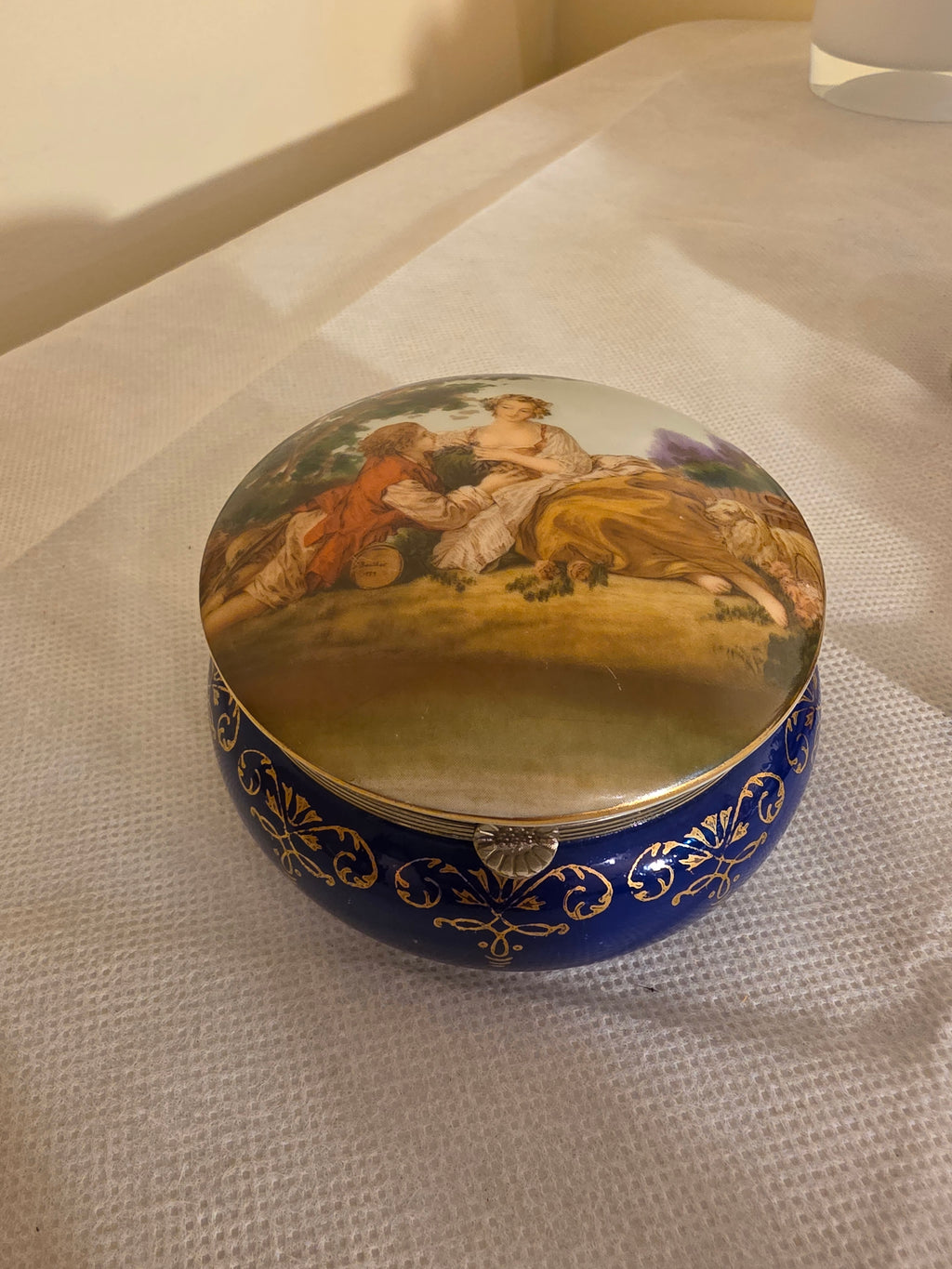 Vintage Cobalt Blue Porcelain Trinket Box – François Boucher Rococo Scene No. 9260