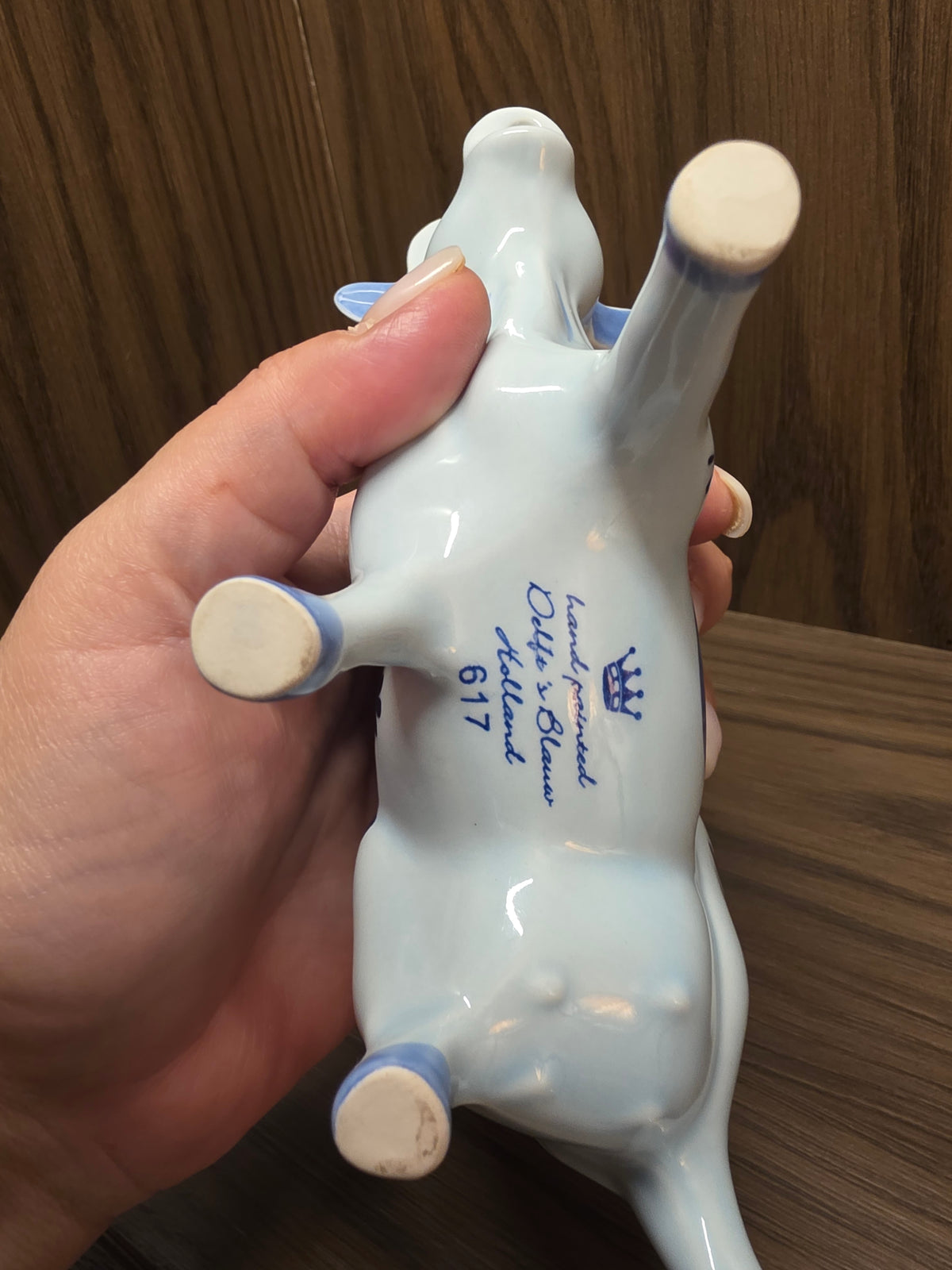 Vintage Hand-Painted Delft Blue Ceramic Cow Creamer with Windmill Design