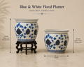 Blue & White Floral Porcelain Planter with Wooden Stand
