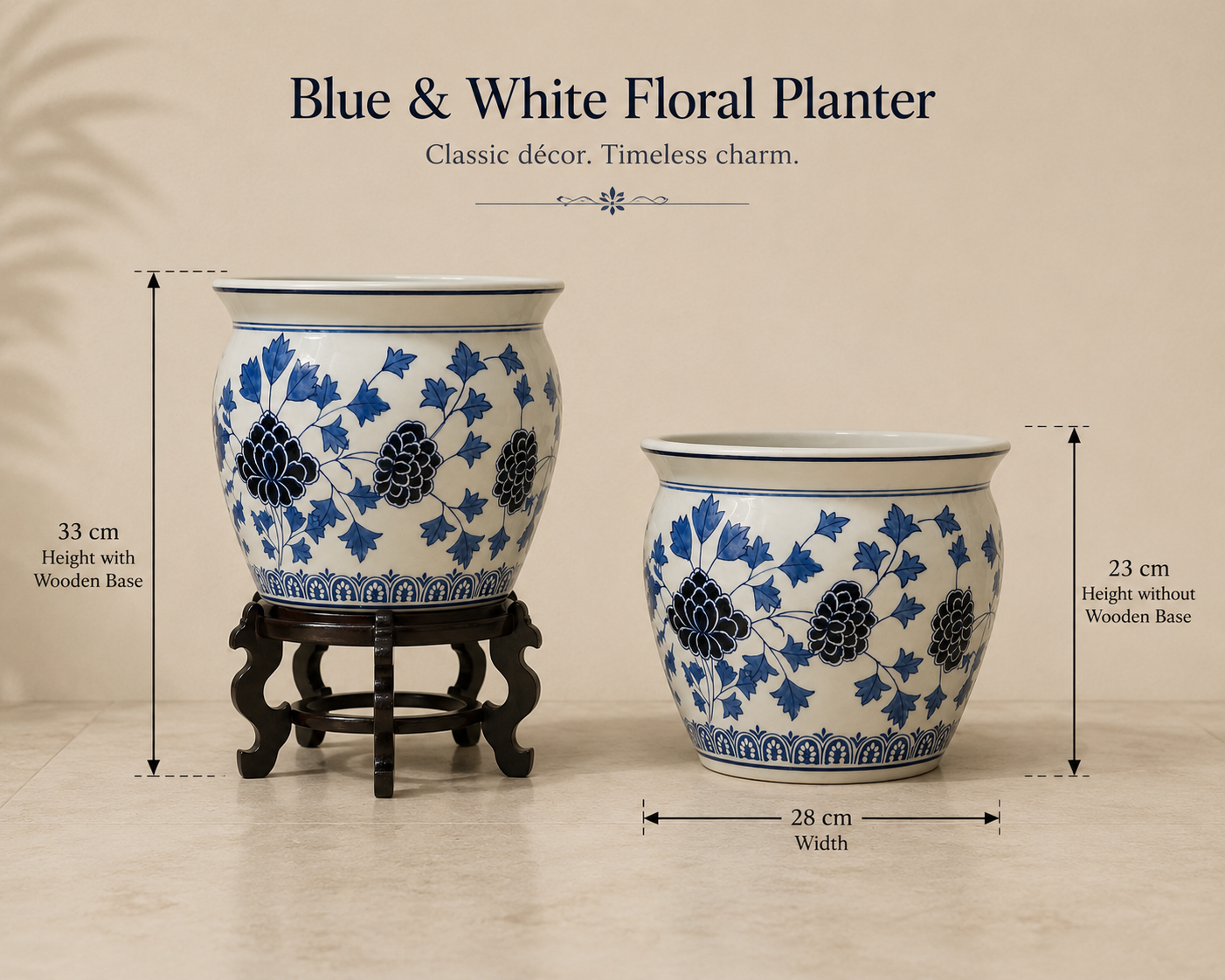 Blue & White Floral Porcelain Planter with Wooden Stand