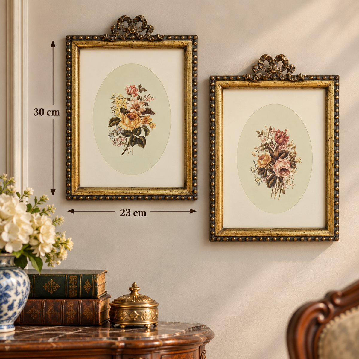 Vintage Floral Bouquet Prints in Ornate Golden Frames