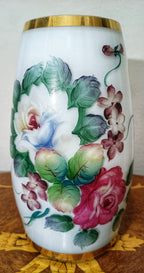 Vintage French Hand-Blown Opaline Glass Cask Vase with Hand-Painted Cabbage Roses and Gold Trim