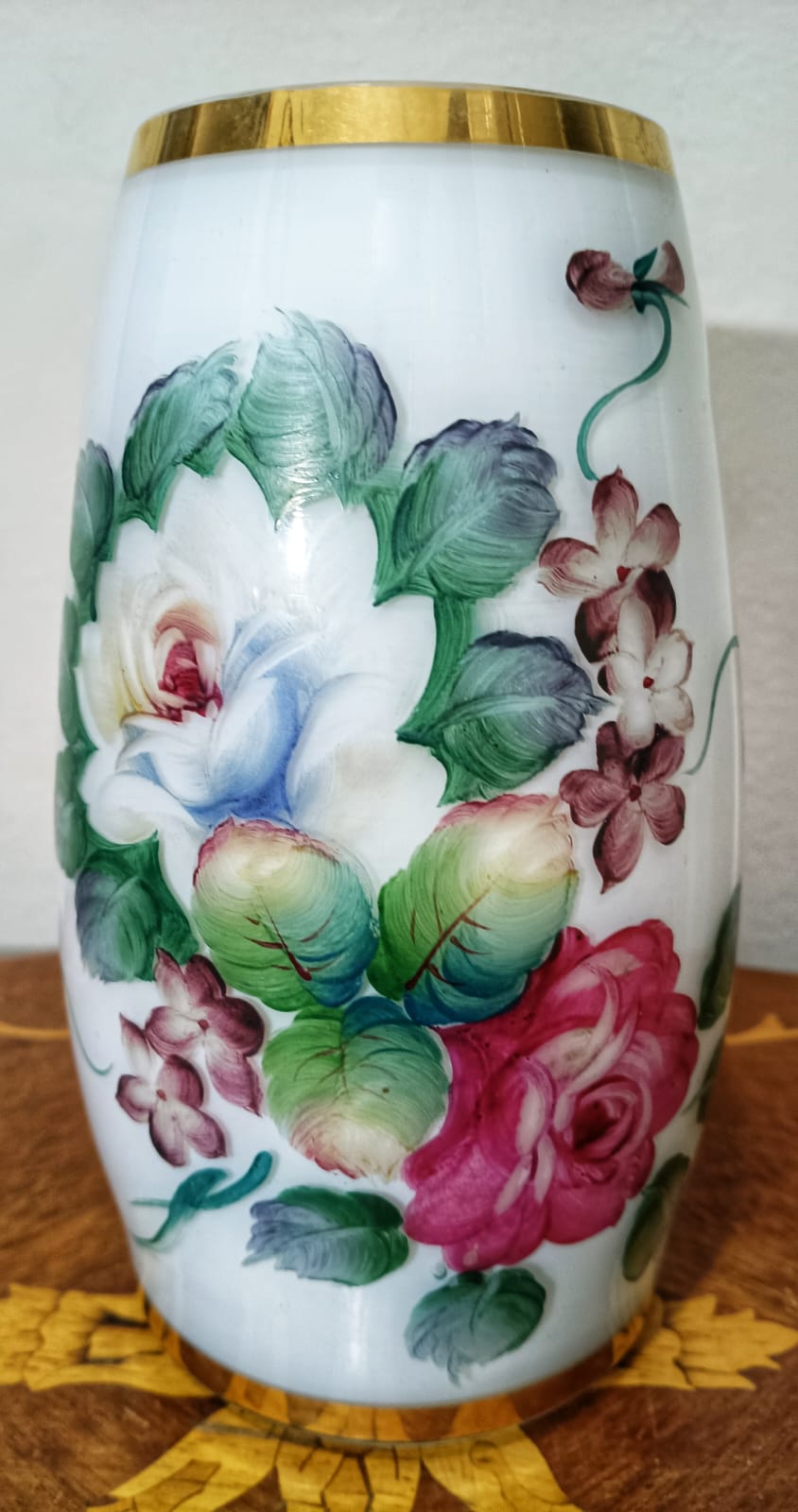 Vintage French Hand-Blown Opaline Glass Cask Vase with Hand-Painted Cabbage Roses and Gold Trim