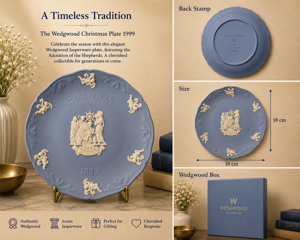 Vintage Wedgwood Pale Blue Jasperware 1999 Christmas Plate – "Adoration of the Shepherds" Collector Plate