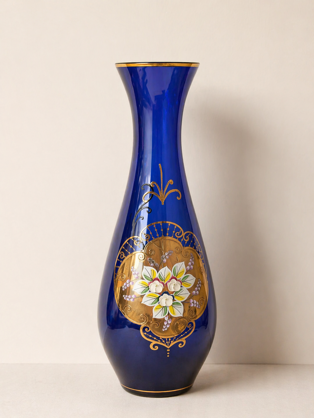 Bohemian Cobalt Blue Glass Vase with Hand-Painted Gold Florals