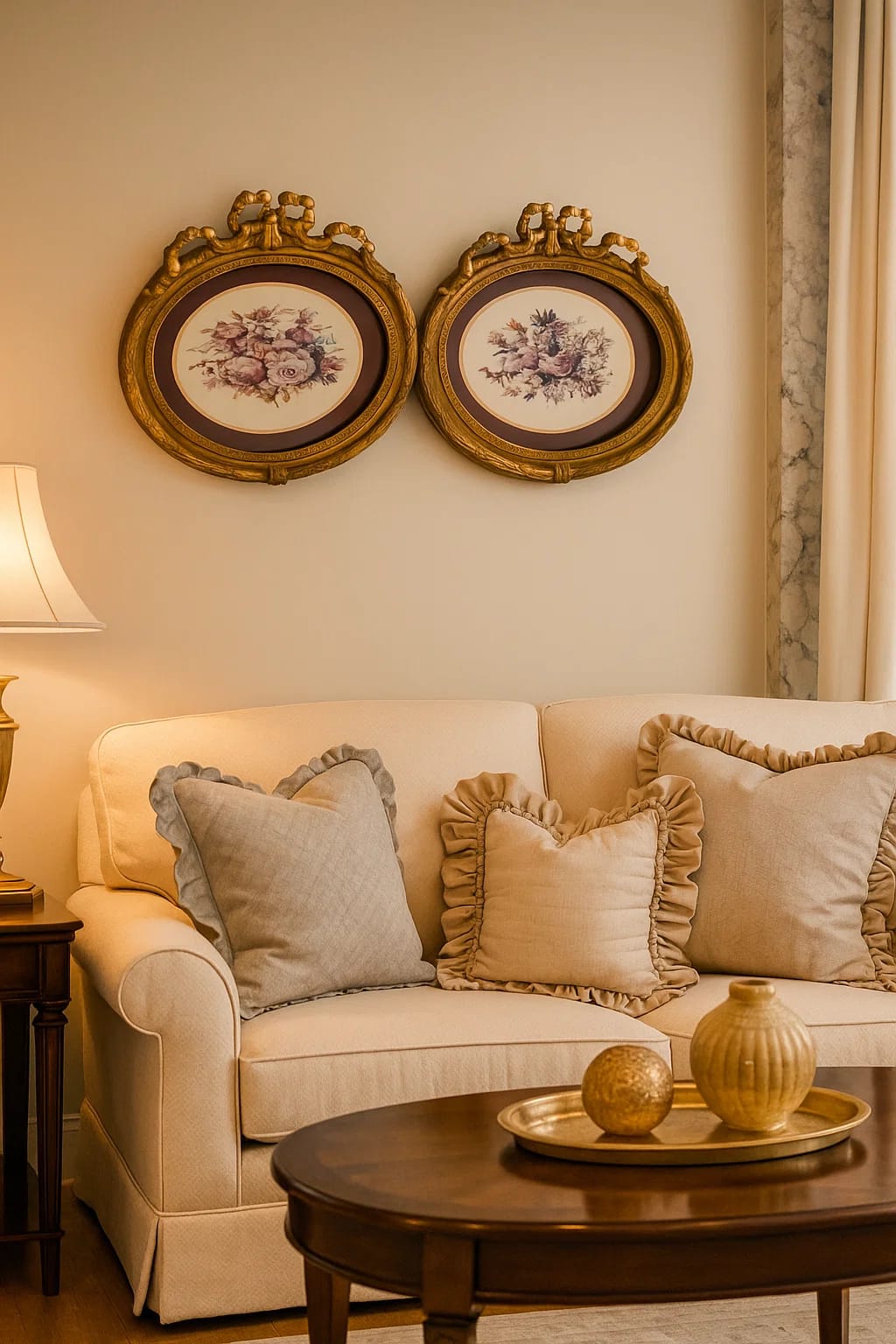 Ornate Oval Floral Wall Frames with Bow Crests — Set of 2