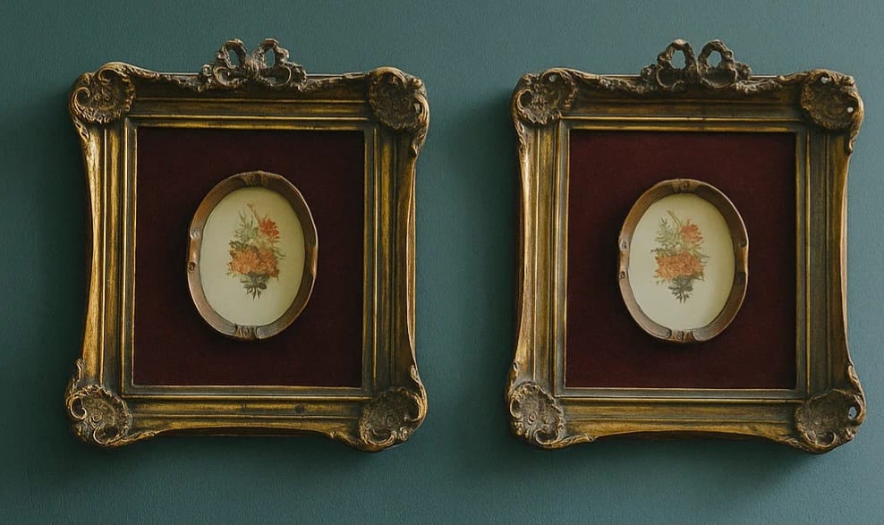 Pair of antique-style oval frames with burgundy matting and delicate miniatures. Elegant wal...