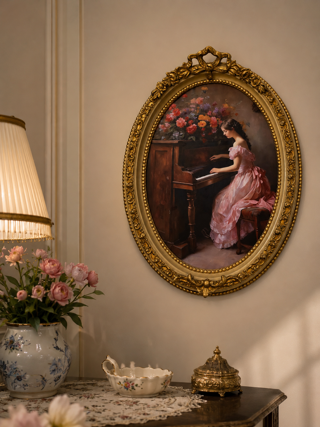 The Pianist – Romantic Oval Wall Art in Ornate Gold Frame