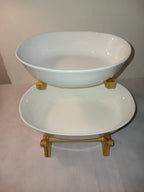 Tiered Ceramic Serving Bowls with Wooden Stand