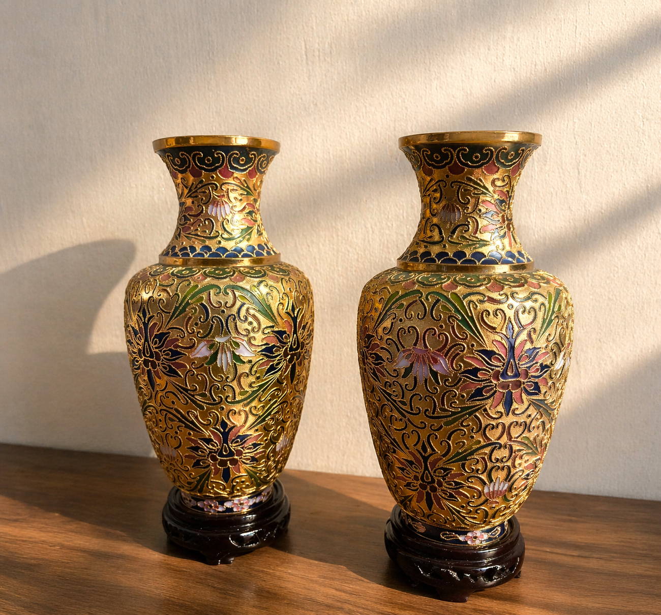 Cloisonné Floral Vases – Gold Heritage Pair