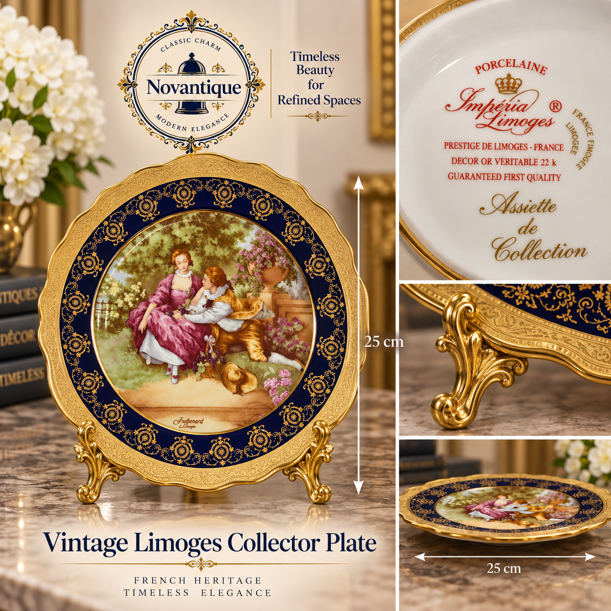 Large Vintage Imperia Limoges 25cm Collector Plate – 22K Gold Fragonard Courting Couple